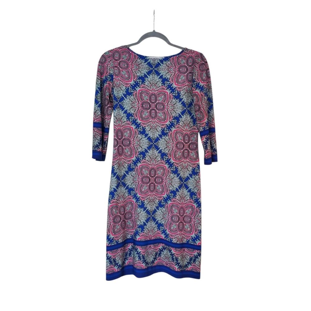 Wisp Colorful Blue Pink Paisley 3/4 Sleeve Shift Mini Dress, Women's Size 0